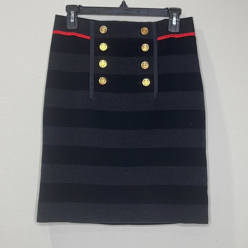 Per Se By Carlisle Womens Skirt Striped Black Gray Gold Buttons Wool